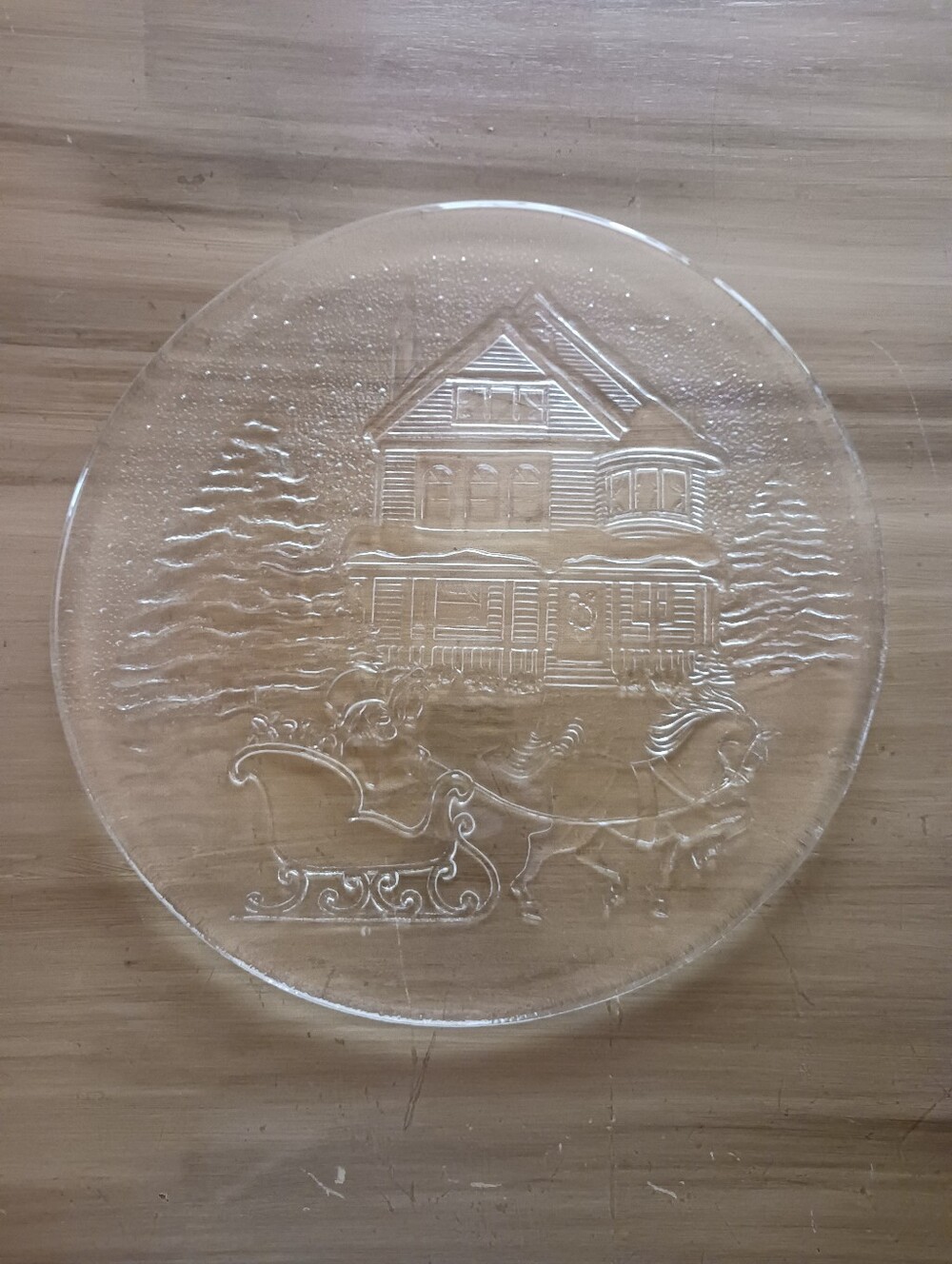 90s Vintage Christmas Serving Platter "Sleigh Ride" Libbey Glass Co. Clear Thick